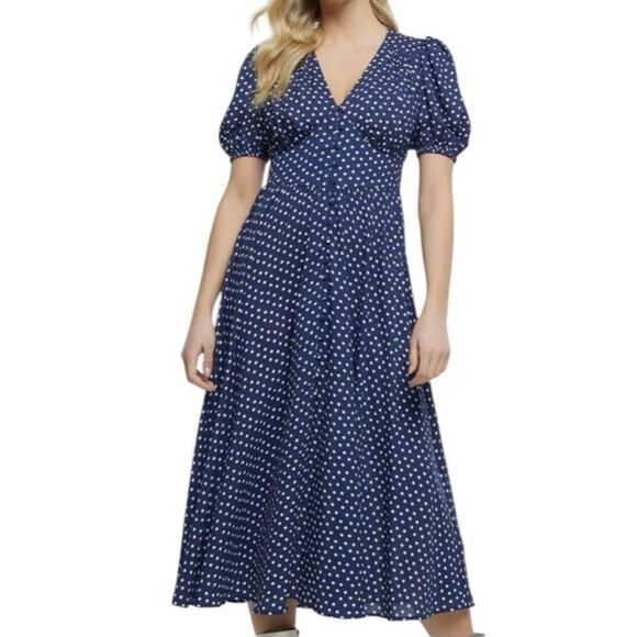 River Island Navy Blue Polka Dot Button Front Midi Dress NWT Size 6 - Picture 3 of 5